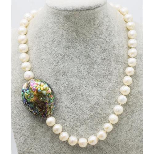 Freshwater pearl white near round and green abalone shell egg pendant necklace 18inch wholesale beads nature FPPJ woman