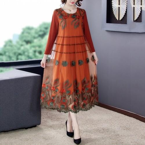 2021 Spring/Summer Women New Heavy Industry Embroidered Dress Fashion Loose 5xl Middle-aged Mother Tulle Embroidered Dress s287