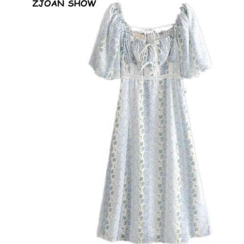 2020 Retro Square Collar light blue Floral Short Sleeve Split Dress Slit Hem Slim French Women Puff sleeve Mid Long Tea Dresses