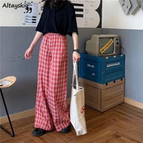 Wide Leg Pants Women Students Spring Plaid Loose High Waist Elastic Harajuku Streetwear Trendy Trousers Vintage Friends Stylish