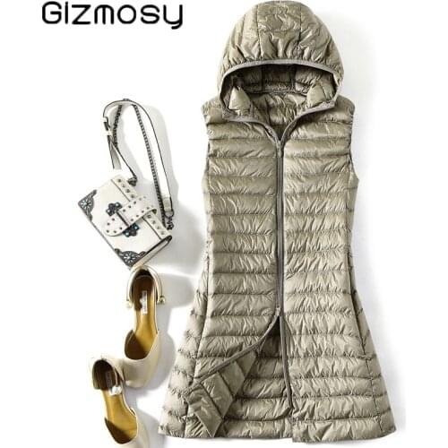 Gizmosy Autumn Winter Slim Down Jacket Women Ultra Light Long Hooded Down Vest Female Casual Waistcoat Plus Size 4XL Parkas Coat
