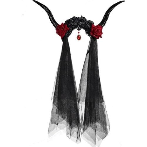 Gothic steampunk retro antelope horn headband fancy veil crystal pendant devil horns Halloween party cosplay headdress