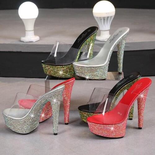 HOKSVZY Summer Rhinestone Heel 13CM 15 Cm 17 Cm 20 Cm Platform Crystal Slipper for Women Nighclub Show Sandals Bling Sandals LFD