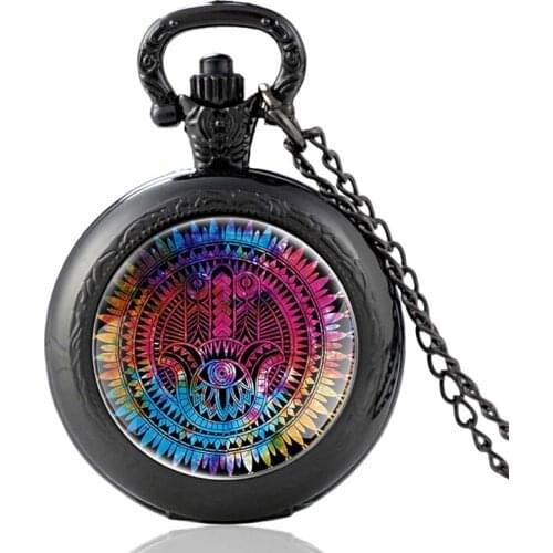 Classic Hamsa Hand Vintage Quartz Pocket Watch Charm Men Women Glass Dome Pendant Necklace Hours Clock