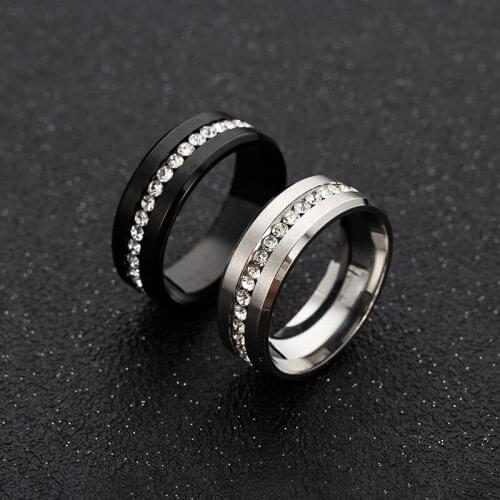Middle Line Crystal Setting Ring Groove Row Zirconia Arrange Accessories Exquisite Black Silver Color Stainless Steel Band Gifts