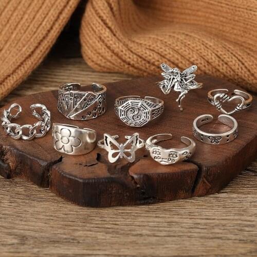 9Pcs Punk Vintage Silver Color Angle Flower Ring Set for Women Gothic Heart Anillos Hip Hop Y2k Korean Fashion Male Gift Jewelry