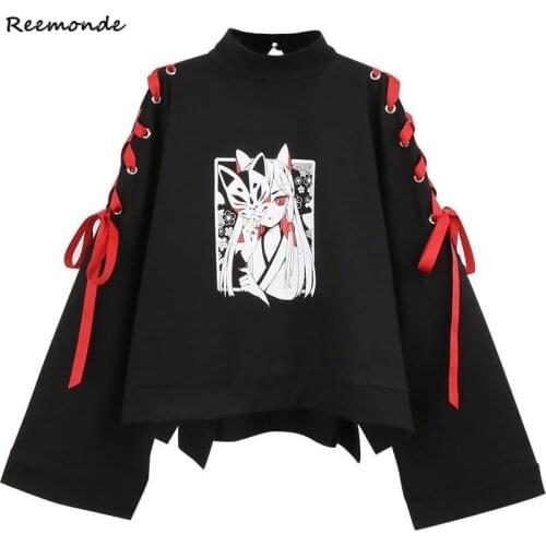 Anime Demon Fox Costume Hoodies Sweatshirts Printed Cross Women Fox T-shirt Girls Harajuku Spring Black Top Hooded Clothes