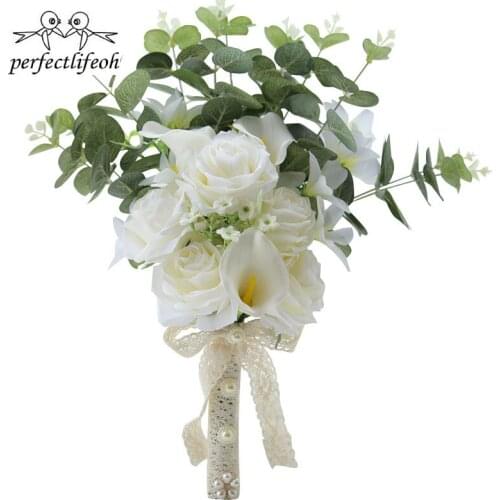 Perfectlifeoh Beautiful Artificial Flowers Ivory/Yellow Calla Lily Long Flower Bouquet Wedding Bouquet bridal bouquets