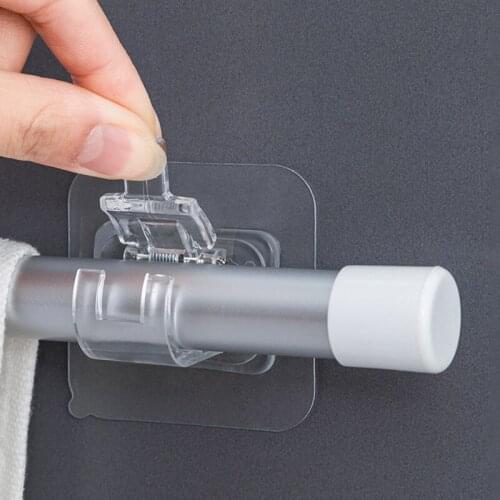 2Pcs Powerful Curtain Rod Hanging Clip Self-adhesive Wall Bathroom Shower Curtain Towel Bar Hook Support Rail Clamps Fixed Shelf