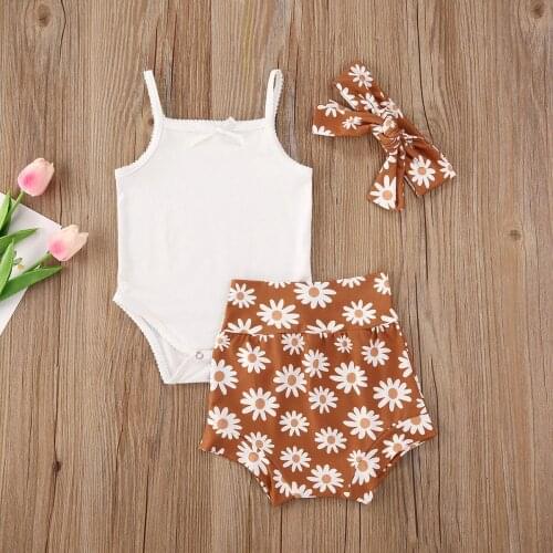 0-18M 3Pcs Newborn Baby Girl Summer Clothing Solid Cotton Sleeveless Bodysuit +Ruffles Shorts+Headband Clothes