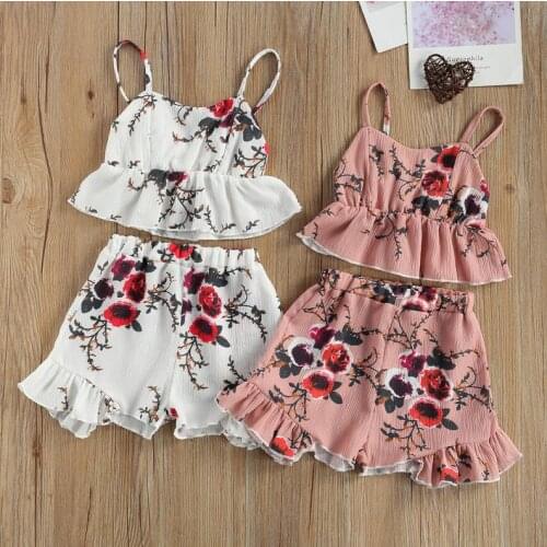 Kids Flower Print Outfits Girls Sleeveless Spaghetti Strap V-neck Tank Vest Tops Ruffle Shorts Childrens Sets Beachwear