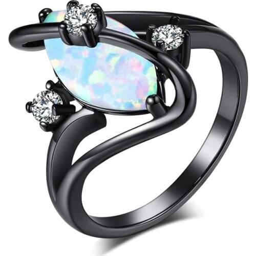 Boho Cute Female Blue White Fire Opal Stone Ring Vintage Jewelry Wedding Rings