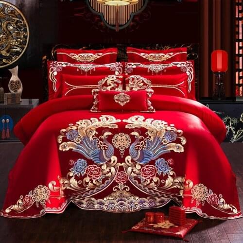 High-end Flowers Peacock Embroidery Red Chinese Wedding 100% Cotton Bedding Set Luxury Duvet Cover Bed Sheet/Linen Pillowcases