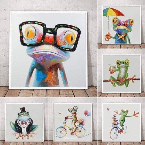 Happy Frog with Glasses Canvas Art Posters and Print Cute Cartoon Animal Canvas Paintings on The Wall Modern Living Room Decor