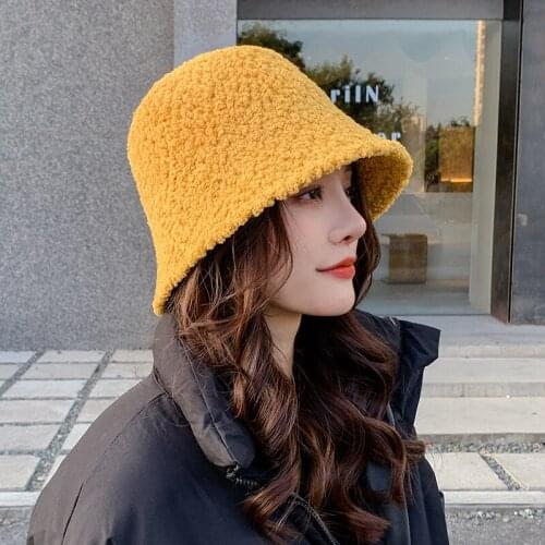 Women Hat Ladies Solid Fleece Bucket Hat Female Flat Top Thick Warm Hat Packable Fishing Cap Autumn Winter