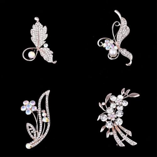 Crystal Rhinestone Womens Brooch Silver Plated Fashion Leaf Brooch Pins
