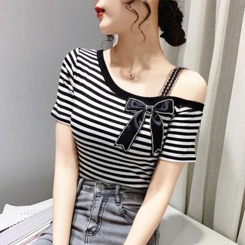 Sexy off shoulder tee shirt 2021 summer short sleeve t shirt women diamonds bowknot fashion top female slim-fit camiseta mujer