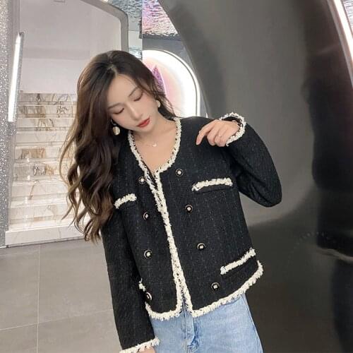 Black Short Jacket Top Design Sense 2021 Spring And Autumn Plaid Stitching Tassels Double Breasted Tweed Jackets Women