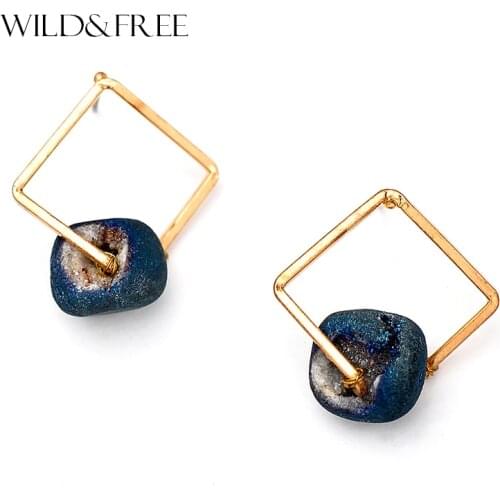 WILD & FREE Women Blue Natural Stone Stud Earrings Vintage Gold Square Alloy Hollow Out Stud Earrings Jewelry Gift