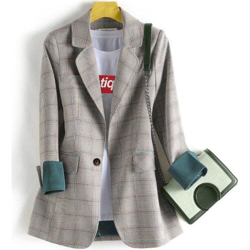 Plaid Women Blazer Pockets Jackets Female Vintage Office Suits Coat Feminino blazers Outerwear