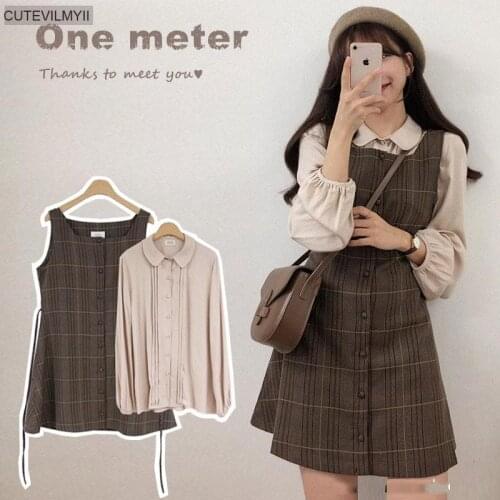 Japanese Girls England Style Spring Fall Women Mini Sundress Square Collar Plaid Sleeveless Cute Vintage Korean Shirt Tank Dress