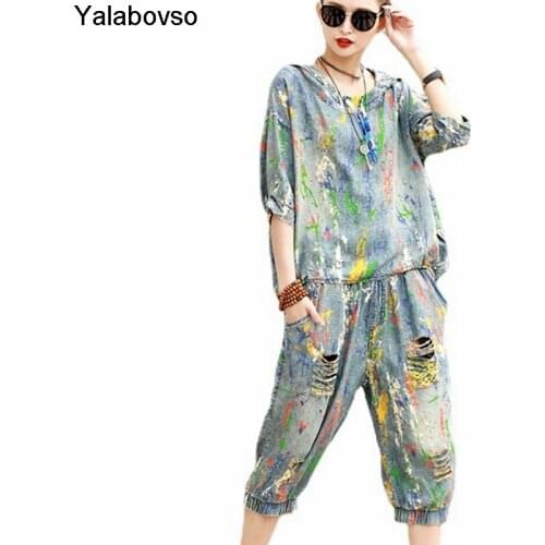 Hiphop Two Piece Set Short Sleeve Hooded Casual Tracksuit Womens 2021 New Summer Fashion Print Elastic Waist Pants And Tees