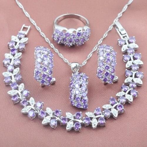Natural Purple Crystal Womens Silver Plated Jewelry Sets Bracelet Necklace Pendant Earrings Ring YZ0282