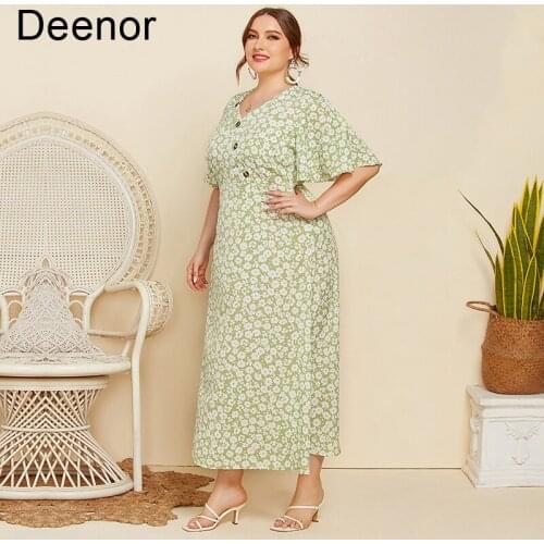 Deenor Plus Size Dresses Printed Floral Dress Button Decoration Medium Length Short Sleeve V-neck Women Dresses