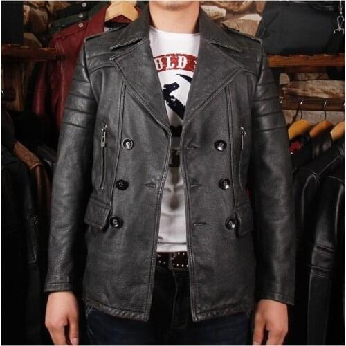 Free shipping.style Brand man thicker vintage cow leather long slim Jacket, mens genuine Leather classic coat.dark gray