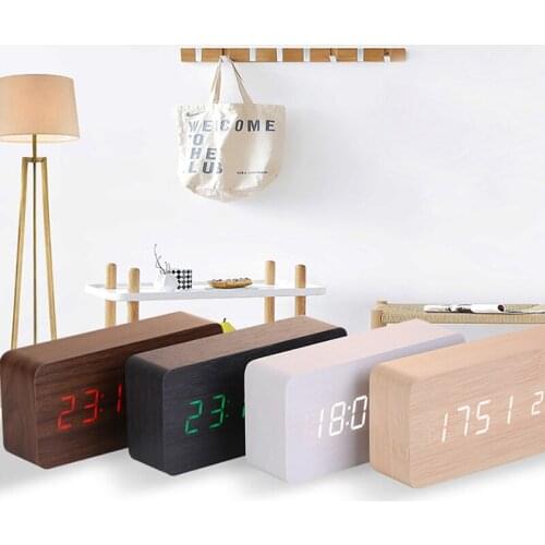 Wooden Digital LED Alarm Clock Voice Control USB/AAA Powered Electronic Table Clock Multifunction Temperature Desk Watch Decor