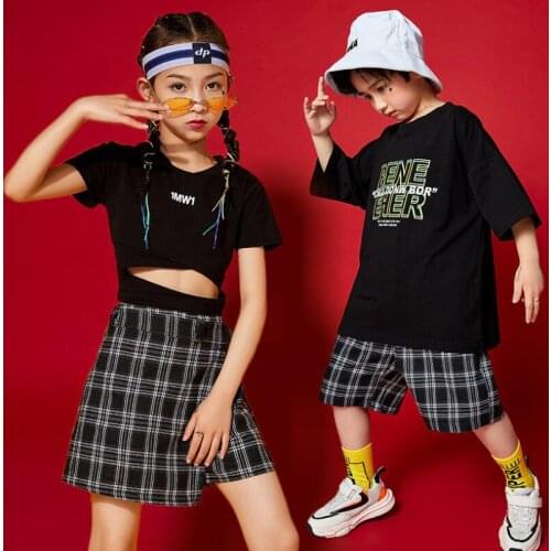 Kids Hip Hop Clothing Black Thirt Stage wear Lattice Print Skirt Shorts For Girls Boy Carnival Show Jazz Dance Costume Clothes