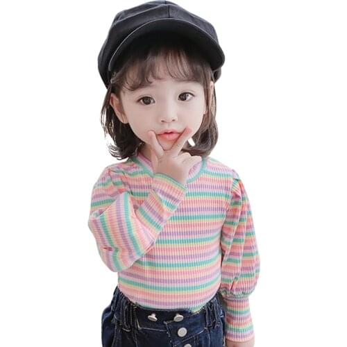 Toddler T-shirts For Girls Rainbow Stirped Girls Tshirt Puff Sleeve T Shirt Kids Casual Style Child Girl Clothes