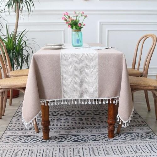 Nordic Leaf Twill Tablecloth Thick Cotton Linen Stitching Striped Tassel Rectangular Dining Table Cloth for Hotel/Home/Wedding