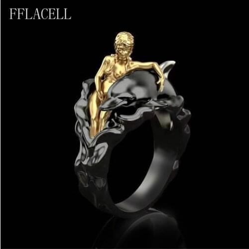 FFLACELL Fashion Male Female Characters Metal Exaggerated Punk Woman and Dolphin Couple Ring Men and Women Party Jewelry Gifts