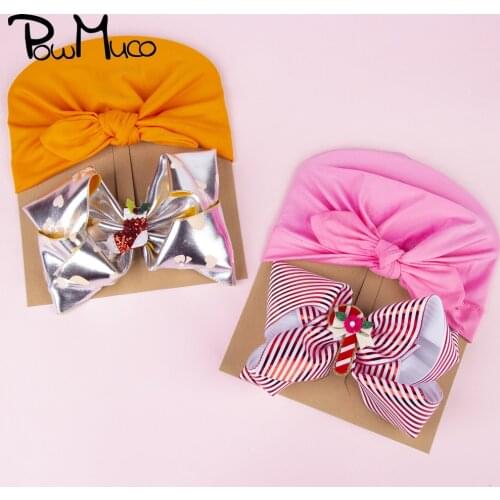 Powmuco Fashion Infant Hat and Hair Clips Set Cute Cartoon Print Bows Hairpins Solid Color Bunny Ears Baby Cap Photography Props