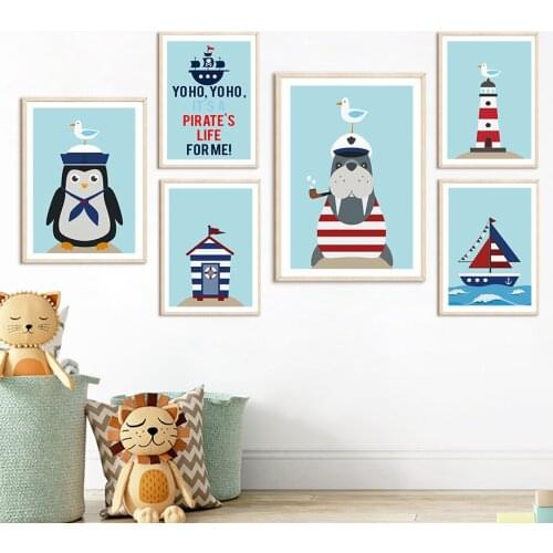 Caribbean Pirate Ship Penguin Whale Seal Wall Art Number Canvas Painting Nordic Posters And Prints Wall Pictures Kids Room Decor