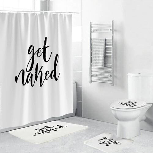 New “Get Naked” Bathroom White Waterproof Shower Curtain 4 Piece Set Carpet Cover Toilet Cover Bath Mat Pad Durable Fabric