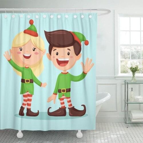 Xmas Smiling Santaa Elf Girl and Boy Cute Christmas Cartoon Character for Waving Their Hands Children Bathroom Curtains