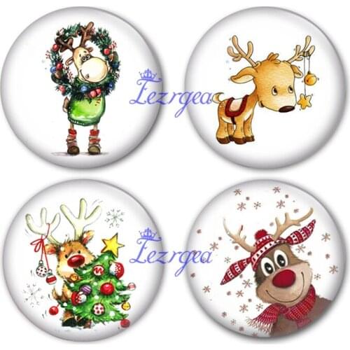 Merry deers glass cabochon, Cartoon deers and Merry Christmas Round photo glass cabochon demo flat back Making findings