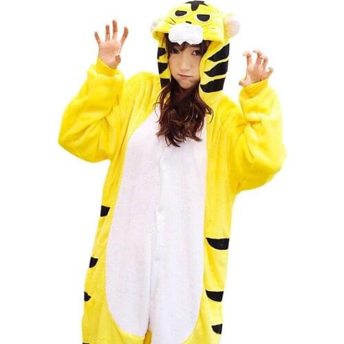 Adult Tiger Kigurumi Women Men Cartoon Animal Cosplay Costume Winter Onesie Pajama Hooded Couple Funny Party Suit