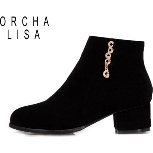 ORCHALISA Spring Autumn Ankle Boots Woman Suede Round toe Rhinstone Female Zipper 2022 Chunky Square Heels Small Big 32-52 S2407