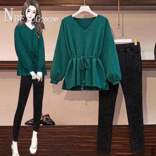 2020 Autumn New Plus Size Women Sets Loose Sweater And Black Jeans Female Sets