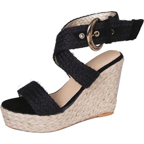 Round Toe Slope Women Sandals Roman Sandals Buckle Comfortable High Heel Hemp Rope Slope Fish Mouth Large Size 43 Wedge Shoes