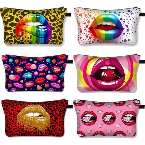 Personality Woman Red Lips Printed Cosmetic Bag Exaggeration Girl Cosmetic Case Fashion Ladies Portable Travel Makeup Bag