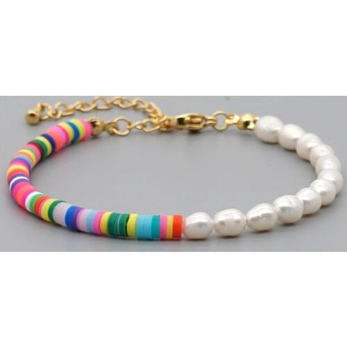 Women Jewelry Polymer Clay Summer Beach Freshwater Baroque Pearl Bracelet Beads Bracelets Stainless Steel 18K Gold Plated Chain