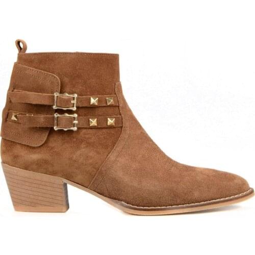 FootCourt- Suede Tan Women Ankle Boots Ladies Rivet Metal Buckle Female Chunky Heels Fashion Platform Shoes Luxury Botas Mujer