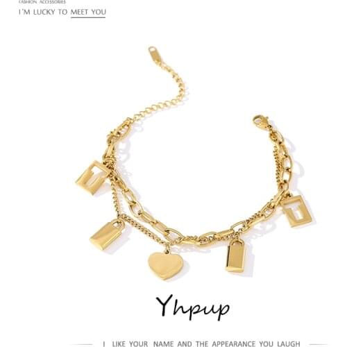 Yhpup Pendant Chain Bracelet for Women 2021 Stainless Steel Metal Romantic Love Lock Jewelry Charm Bracelet Bangle Party Gift
