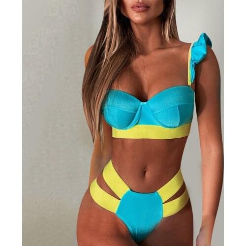 2021 Women Bikini Falbala High Waisted Swimsuit Sexy Push-Up Summer Patchwork Bathing Swimwear Suit Maillot De Bain Femme
