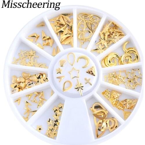 1Box Gold Hollow Nail Art Decoration Wheel Triangle Heart Designs Alloy Nail Tips Studs For 3d Metal Manicure Accessories Tools