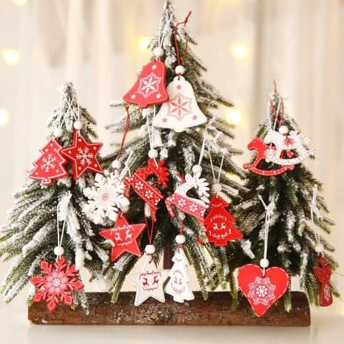 12Pcs/Iot Gift Box Christmas Snowflakes Wooden Pendants Xmas Tree Ornaments Painted Red Hanging Decor Navidad christmas gift